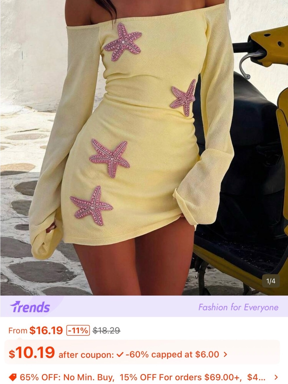 SHEIN Yellow Long Sleeve Dress with Pink Starfish Appliqués